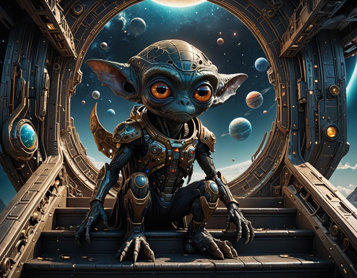Alien Creature on Spaceship Steps: Dark Fantasy Art