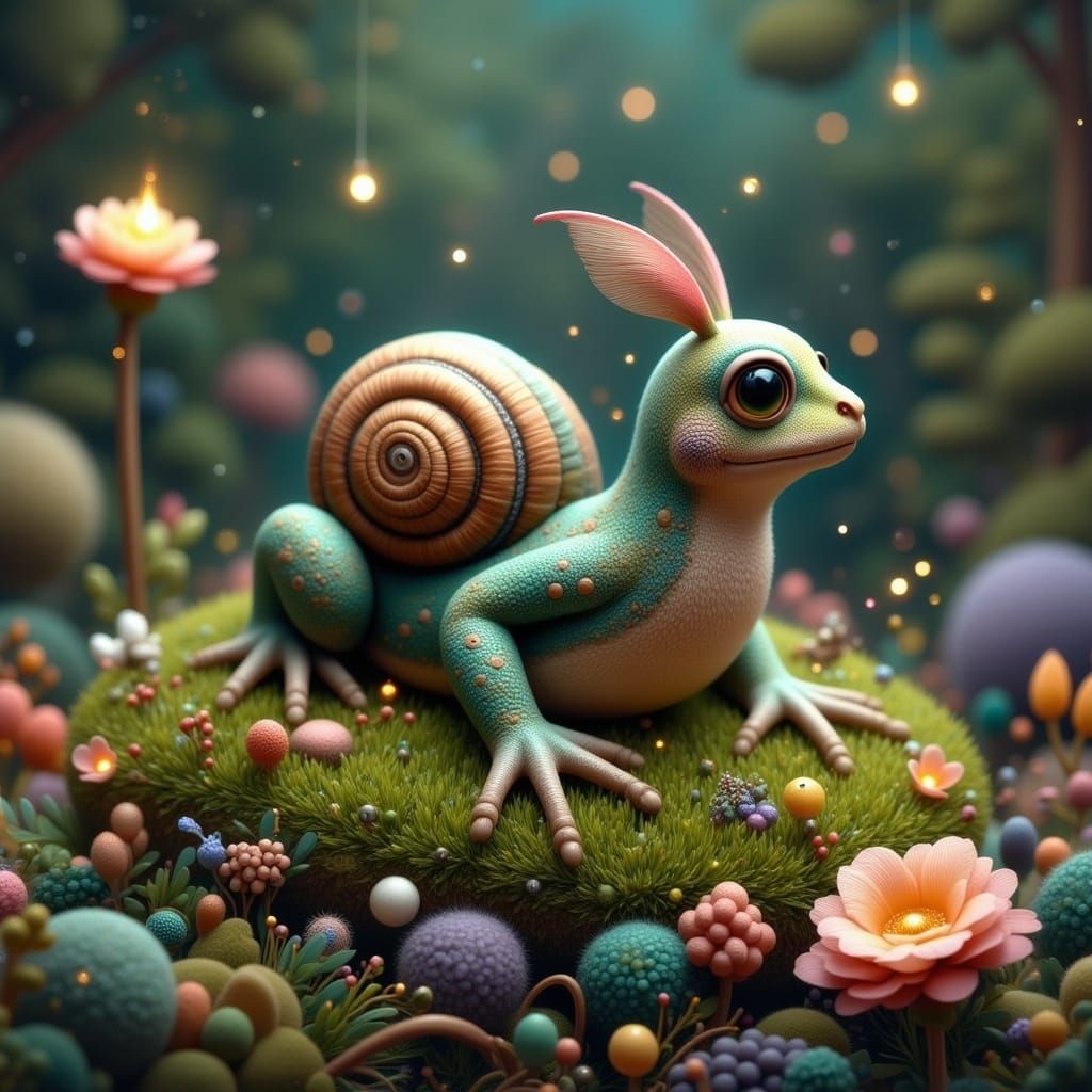 Adorable Frog-Snail-Bird Creature in Dreamy Setting