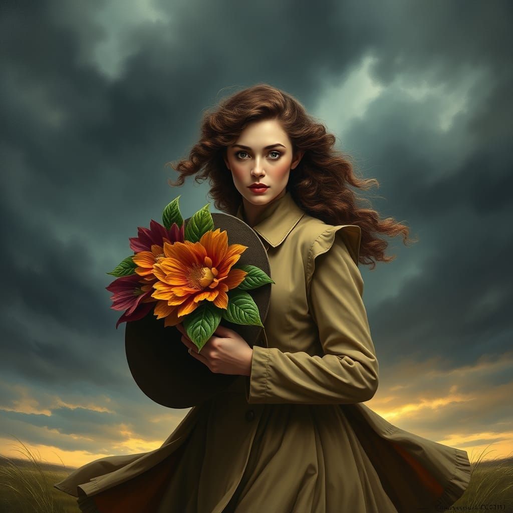 Woman in Wind With Floral Hat