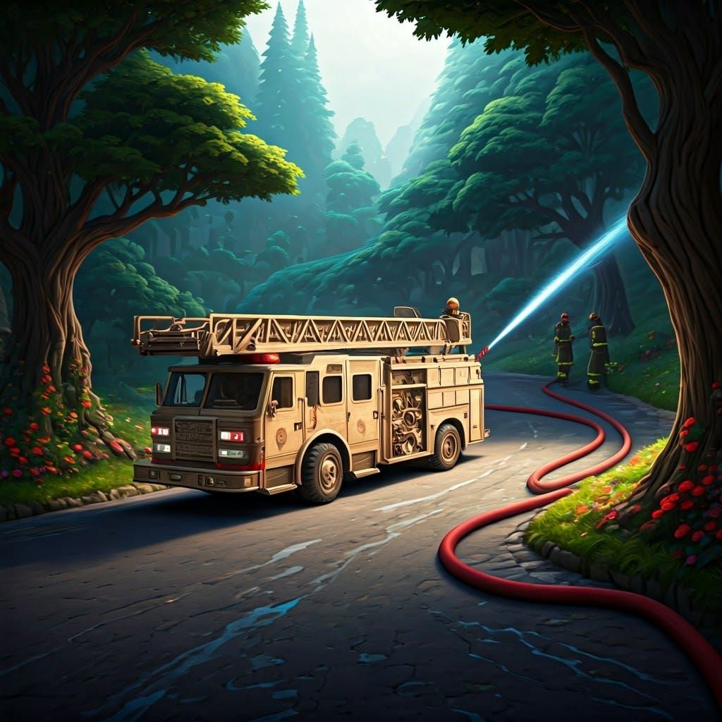 A wooden fire engine with a ladder extended is parked on a w...