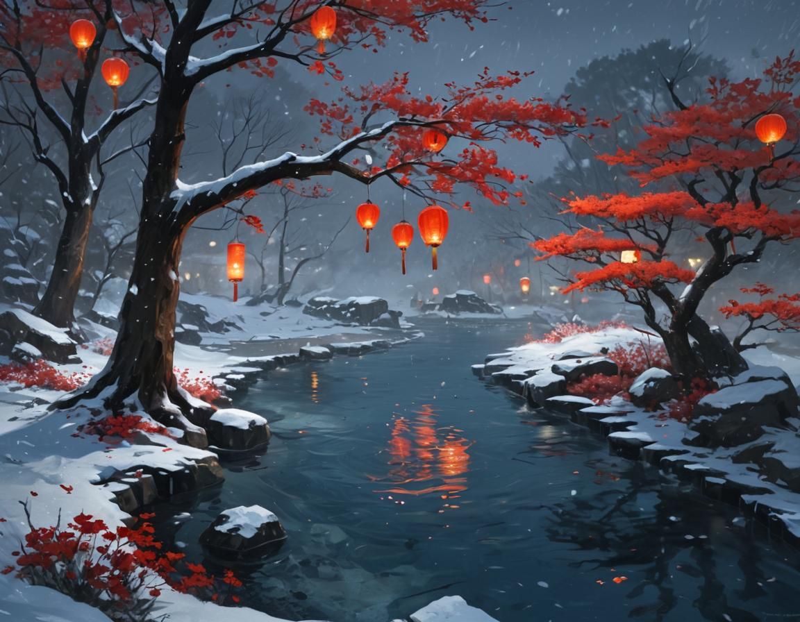 Snowy Onsen Scene Under Lanterns in a Blizzard Night