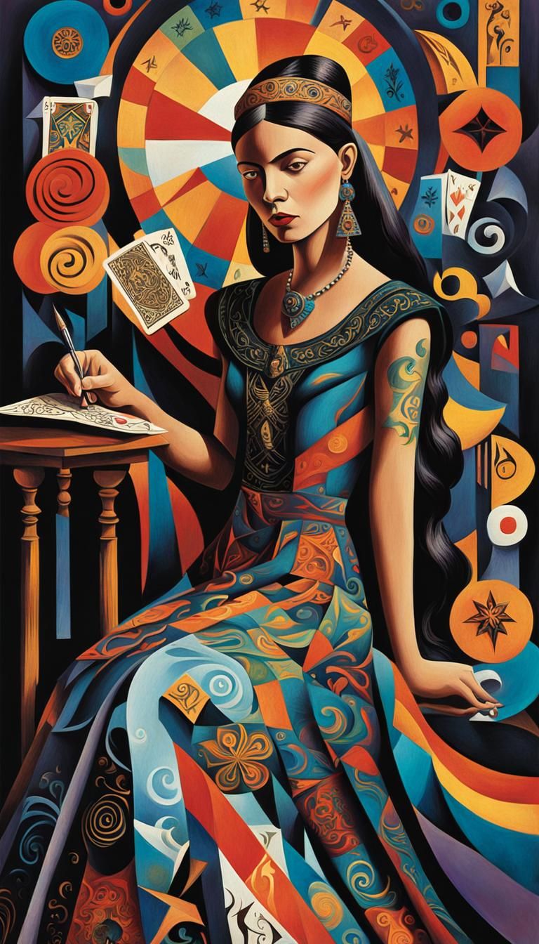 Cubist Designer's Hand Writes Fate on Tarot Card