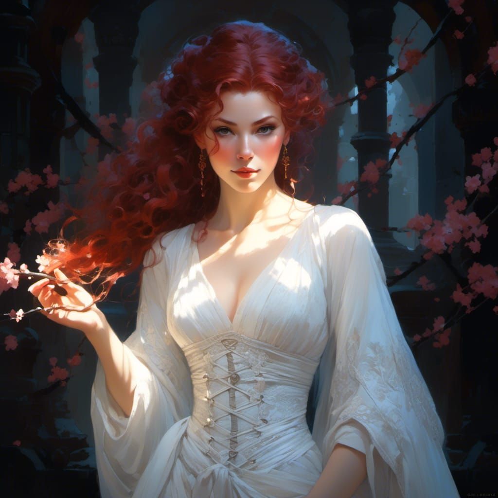 Red-Haired Hedge Witch with Cherry Blossoms