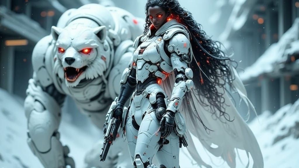 Heroic Woman Soldier in Snowy Post-Apocalyptic Ruin