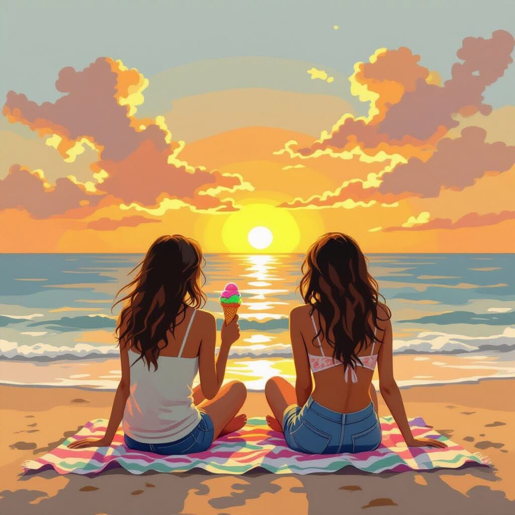 Young Women Enjoying Sunset in Painterly Style