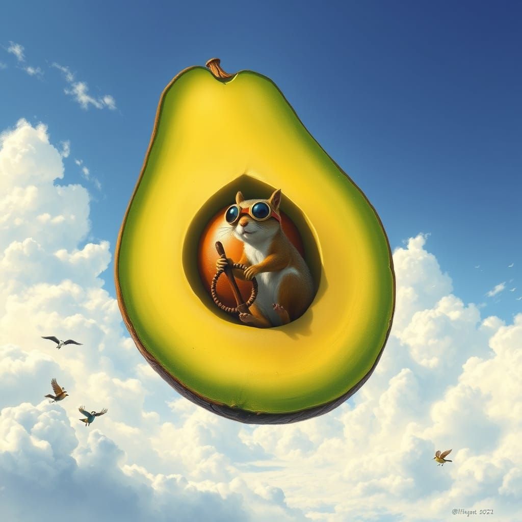 Surreal Avocado Airship Soars Through a Vibrant Sky