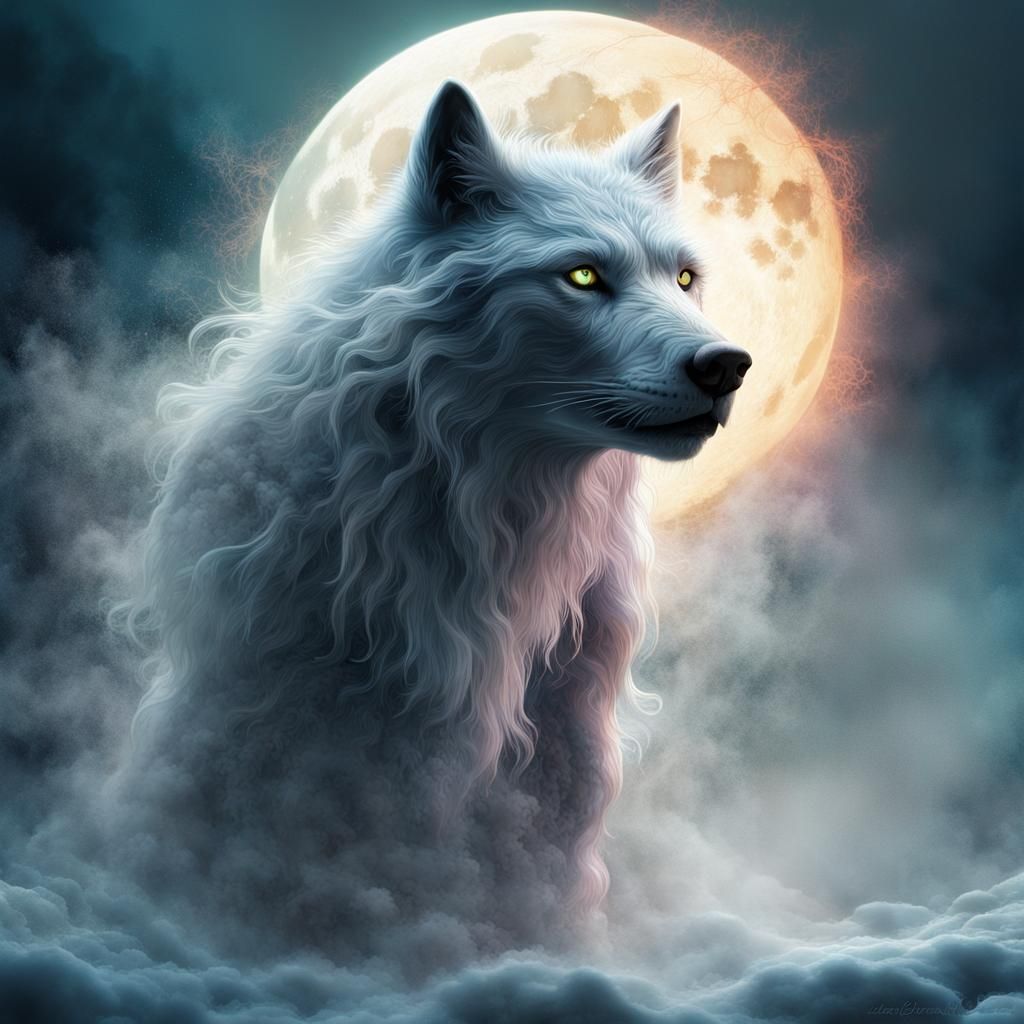 Glowing Wispy Werewolf with Bioluminescent Moon