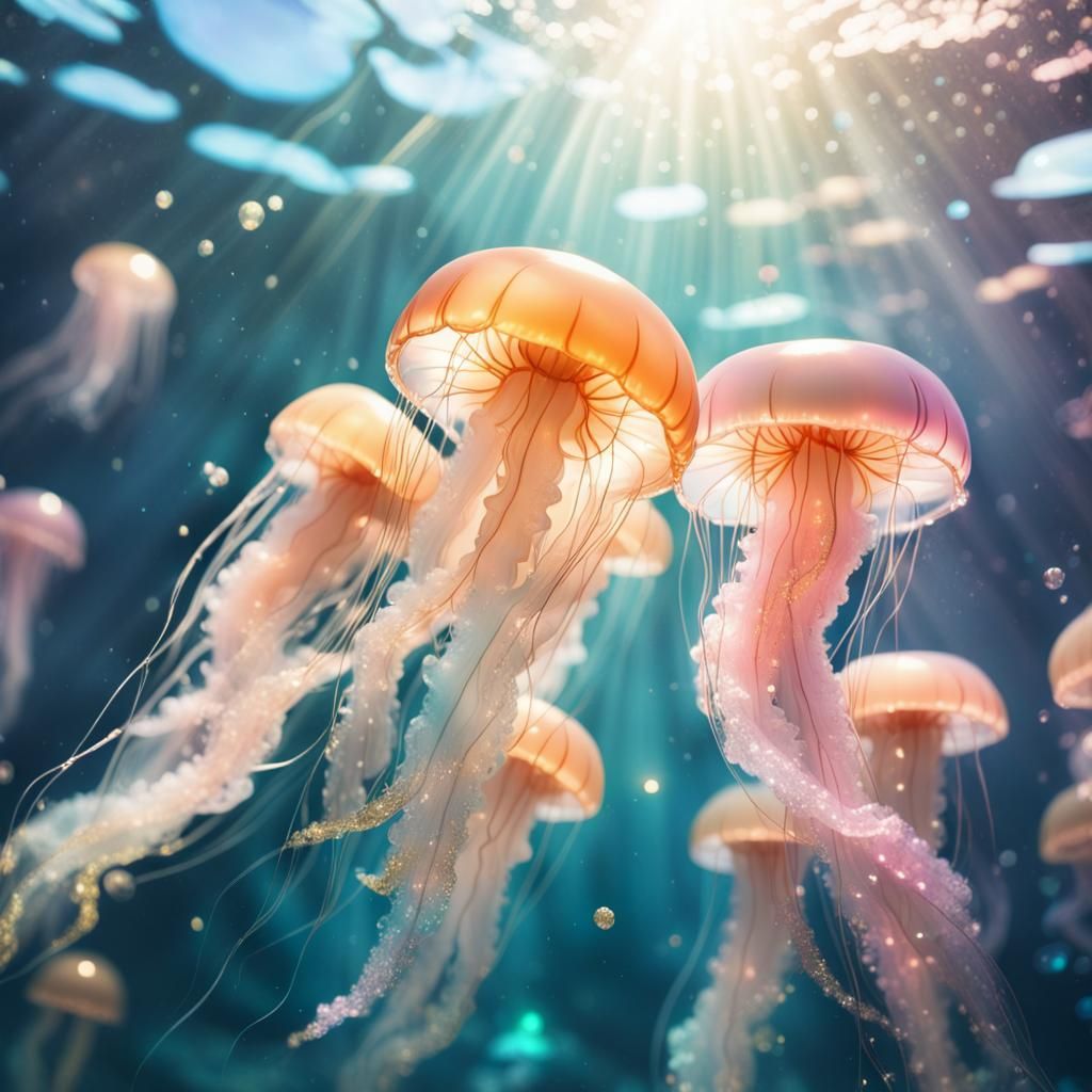 Pastel Jellyfish Underwater with Light Rays