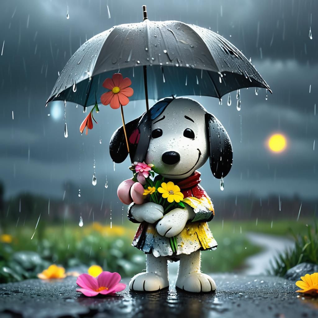 Snoopy in Rainy Day Magic: A Digital Painting