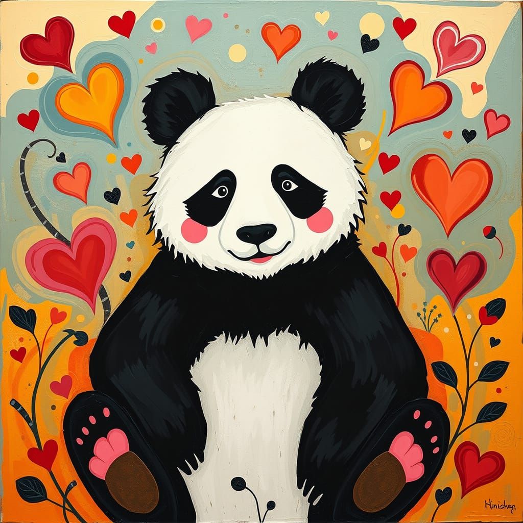 Affectionate Panda Bear with Geometric Heart Patterns