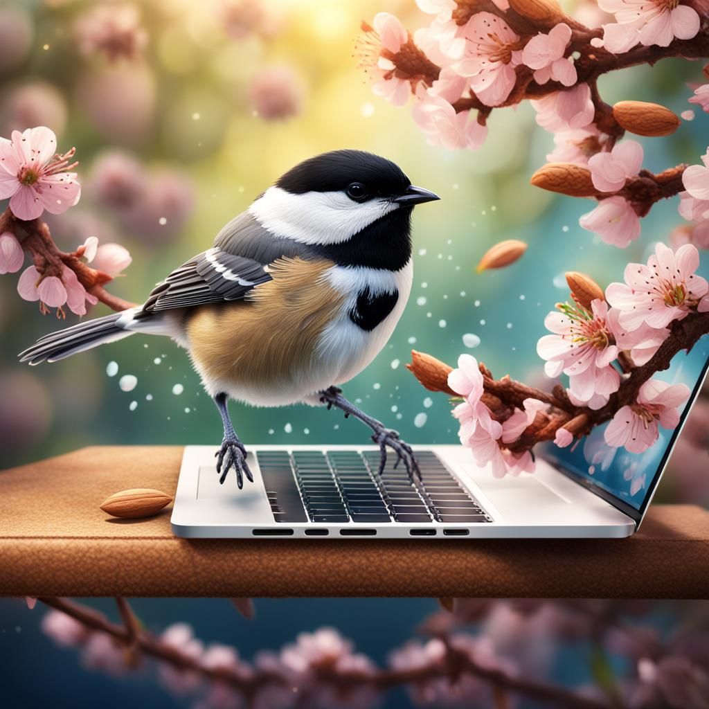 Chickadee on MacBook with Blossoms in Hyperrealism