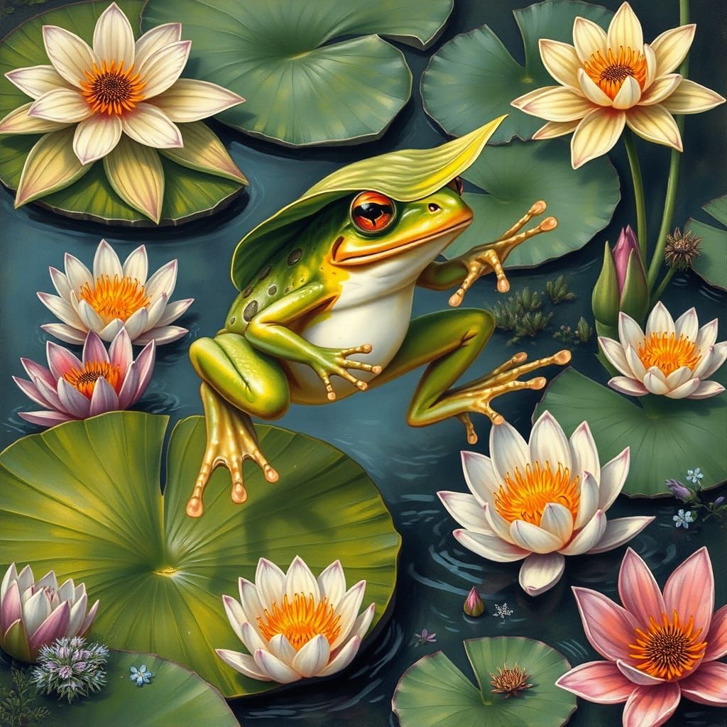 A Frog Hops Through Vibrant Water Lilies in Whimsical Style