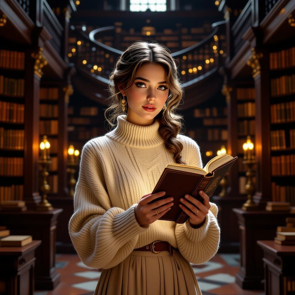 Hyper-Realistic Portrait of Eloise in Candlelit Library