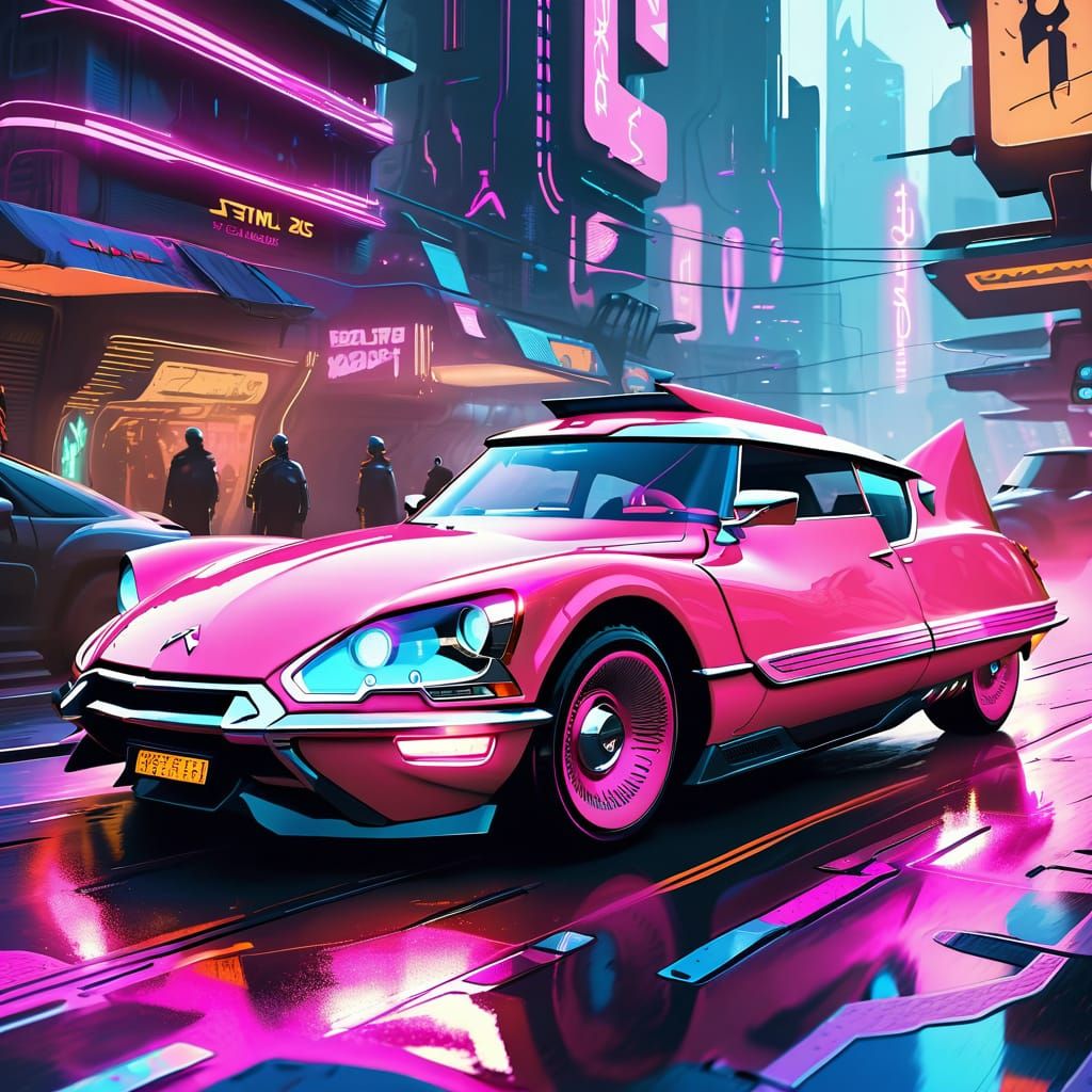 Cyberpunk Citroen DS with Bodykit in Neon Cityscape