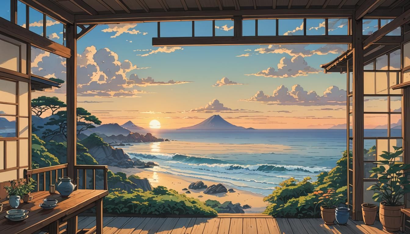Pacific Ocean Sunrise Woodblock Print in Anime Style