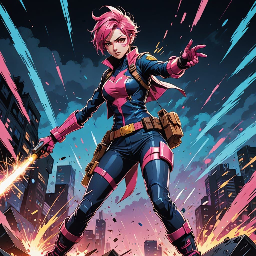 Mysterious Anime Superheroine in Vibrant Pastel Colors