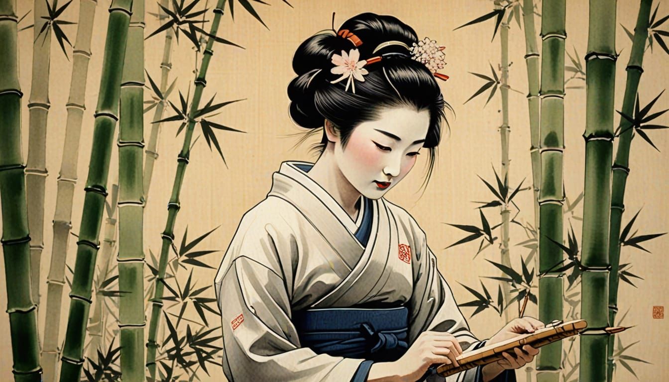 Geisha Calligraphy in Bamboo Garden: Sumi-e Style