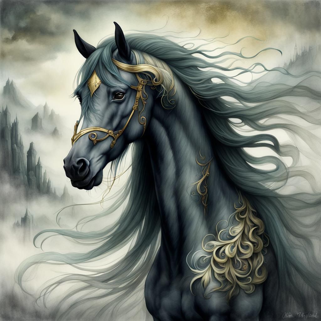 Dark Fantasy Horse Portrait in Watercolor Style