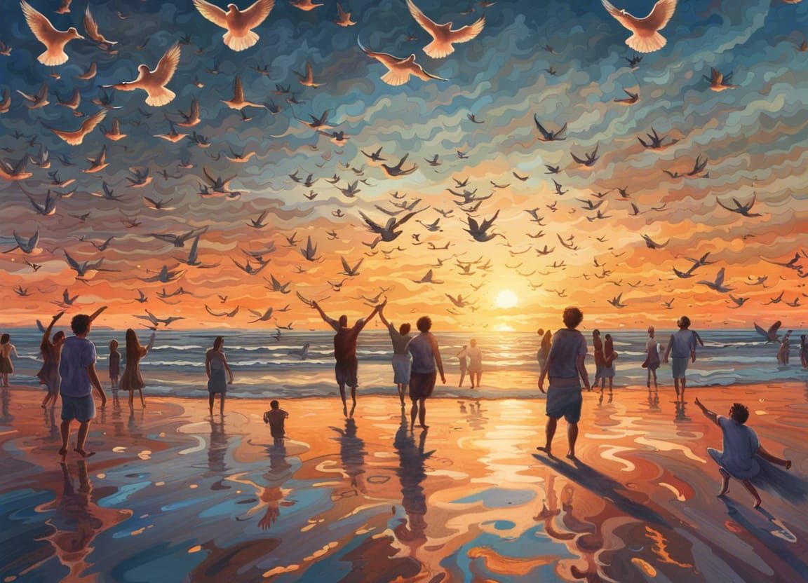 Doves Released at Sunset on a Tranquil Beach