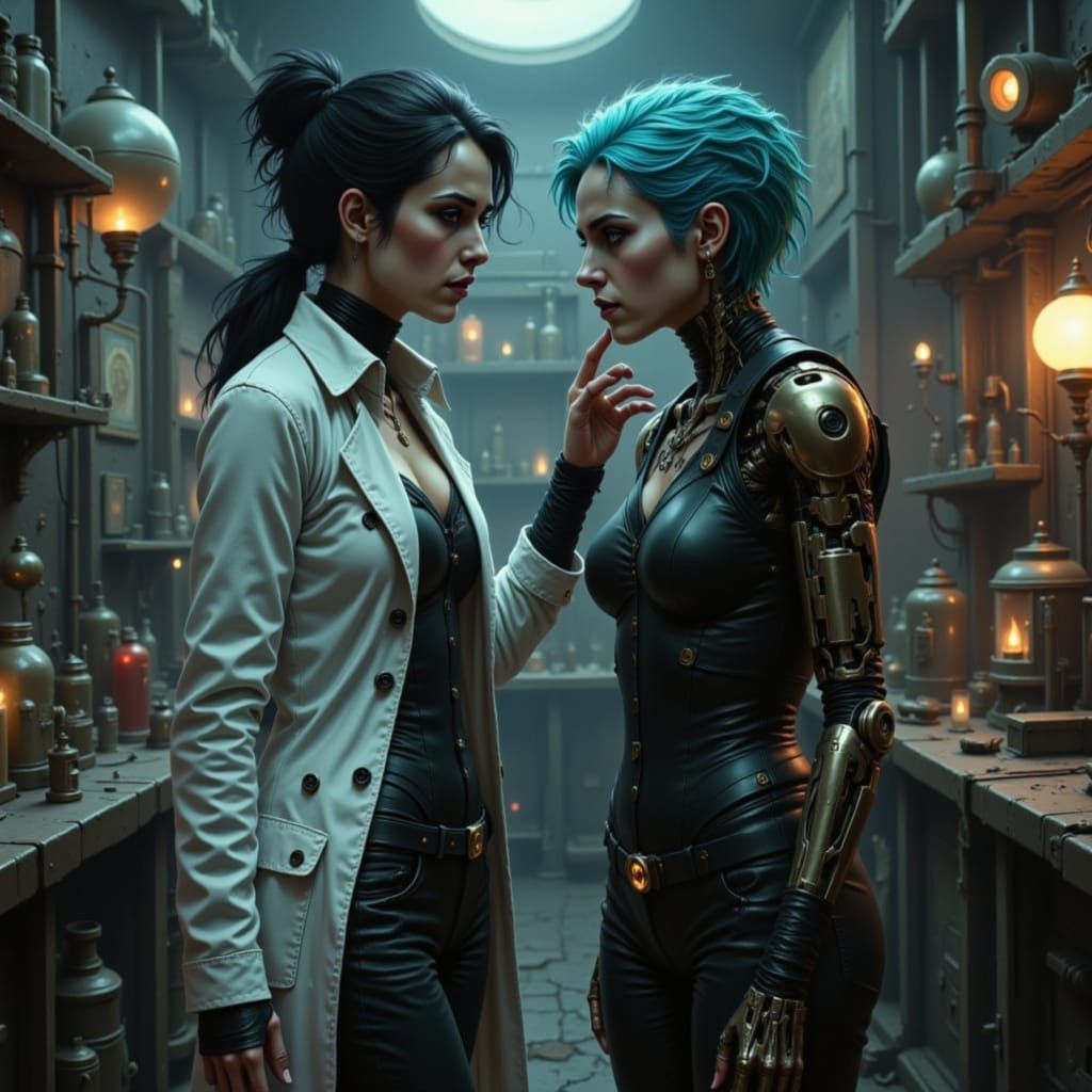 Steampunk Mad Scientist Tenderly Touches Her Android Creatio...