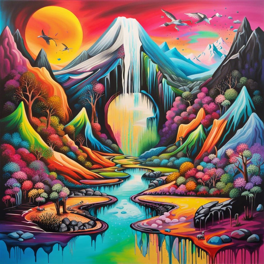 Utopian Mountain River in Colorful Graffiti Art