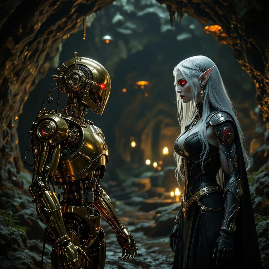 Drow Robot vs Orc-Armed Elf Witch in Fungal Cave