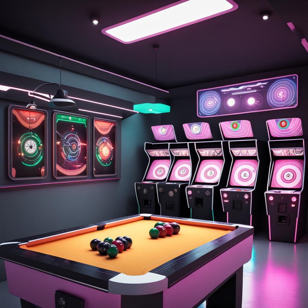Futuristic Neon Arcade with Billiards and Darts