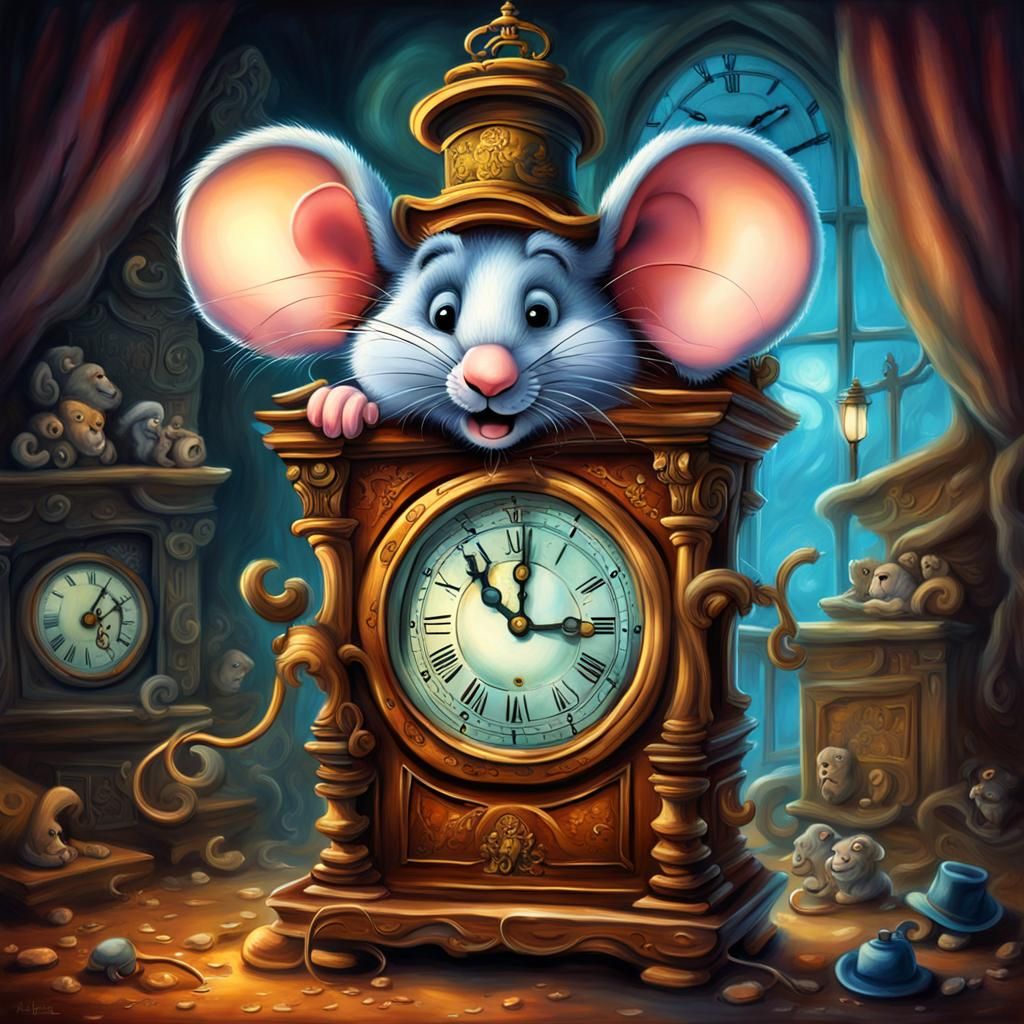 Fluffy Mouse Sweating with Grandfather Clock, Airbrush Style