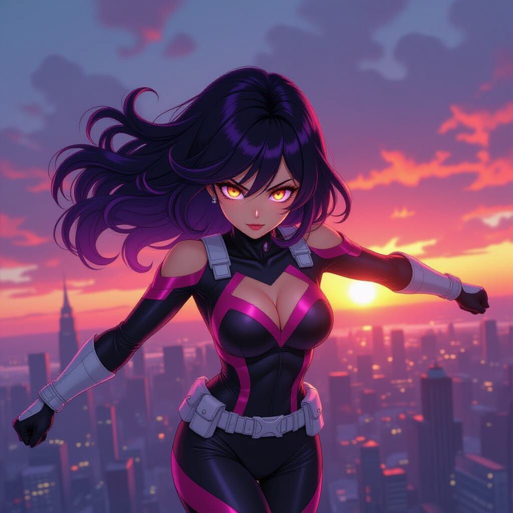 Curvy Anime Superheroine Flying Over City at Sunset