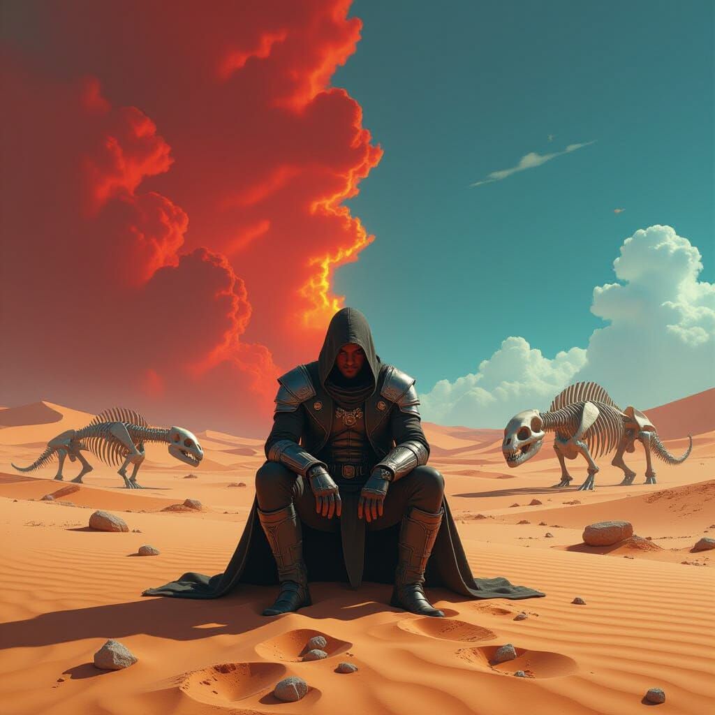 Surreal Desert: Colossal Skeletons Under a Split Sky
