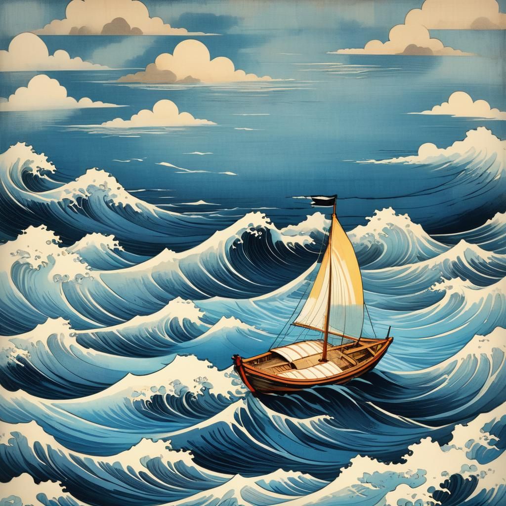 Ukiyo-e Style Boat on Rough Ocean Waves