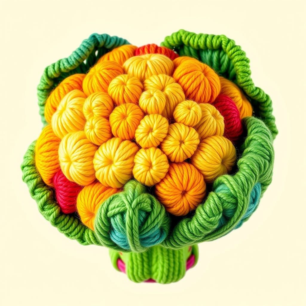 Yarn Cauliflower in Whimsical Folk Art Style