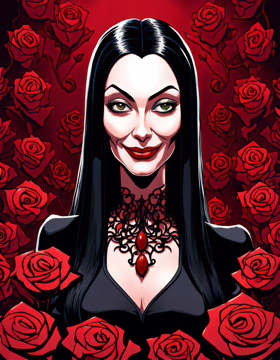 Smiling Morticia Addams Cutting Rose Head