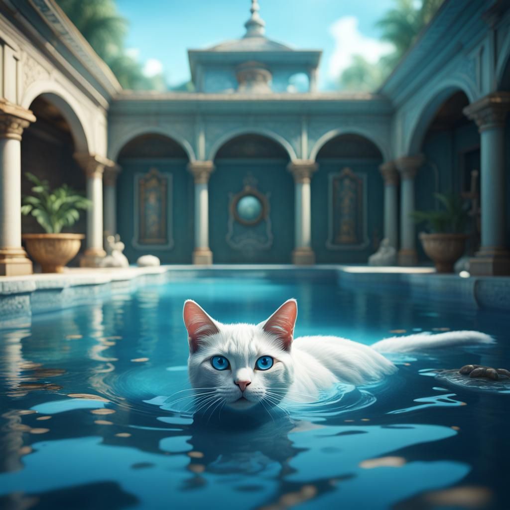 Aqua Cat with Blue Eyes in Pool