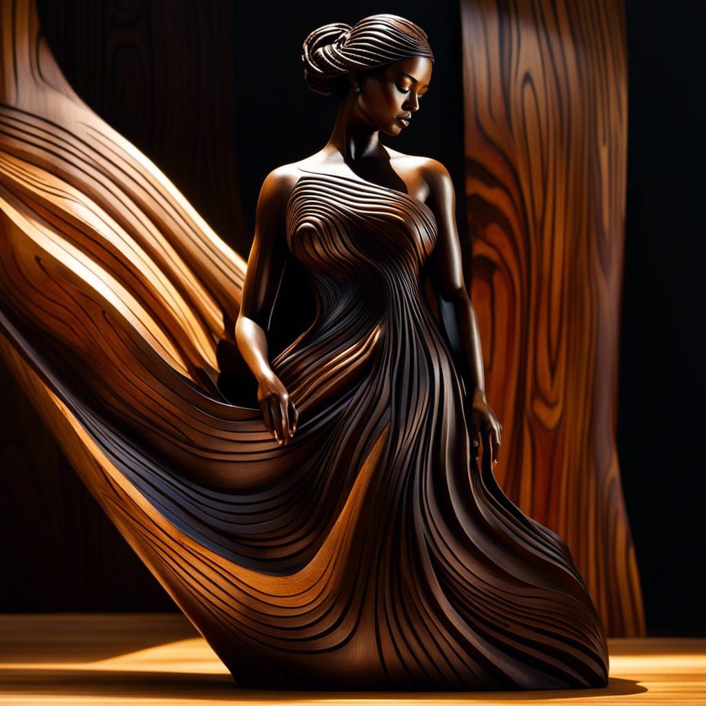 Ebony Wood Sculpture of Woman in Flowing Dress