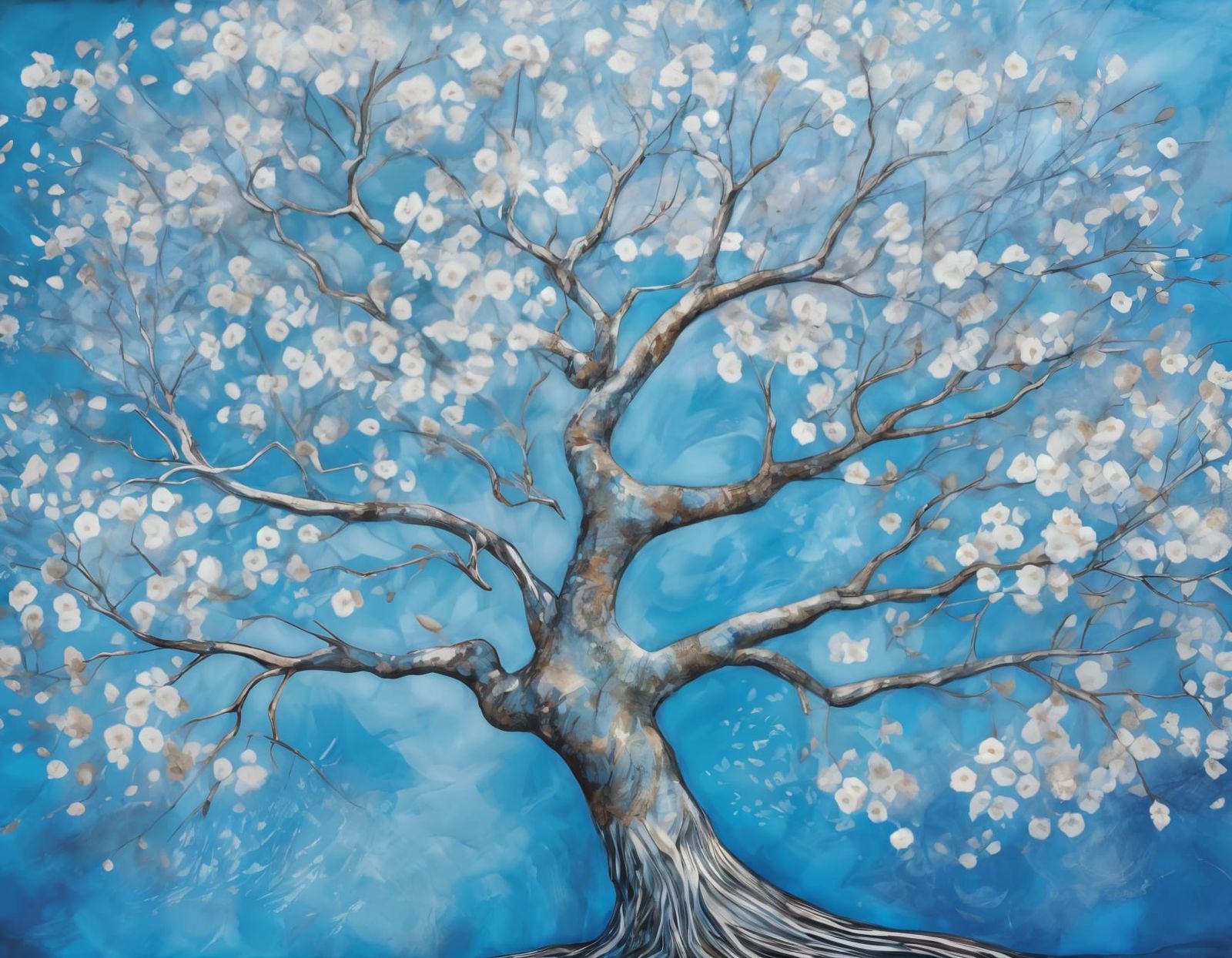 Surreal Blue Birches in Metallic Silver with Intricate White...