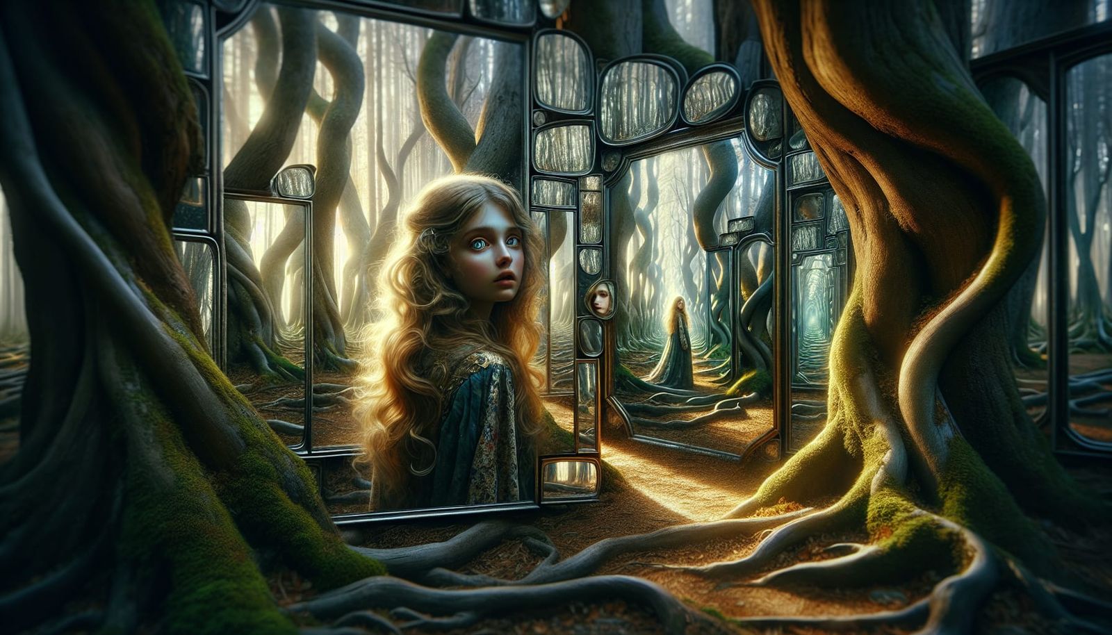 Ethereal Girl in Labyrinth of Mirrors