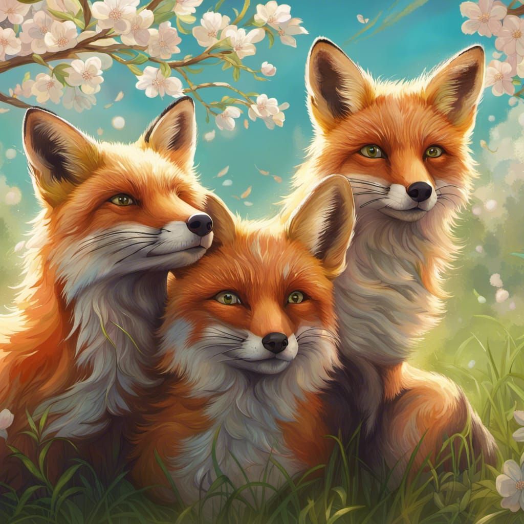 Fox Family Under Blossoming Trees in Spring