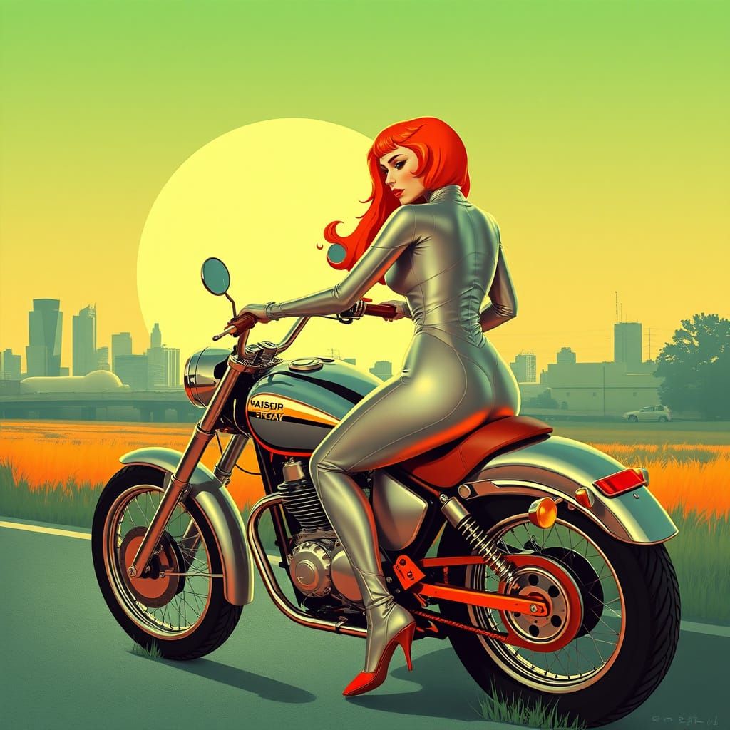 Cyberpunk Woman Stealing Motorcycle in Pop Art Style