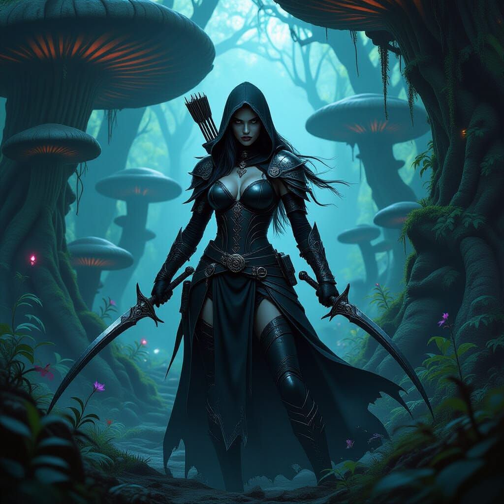 Drow Huntress in a Dark Underground Forest