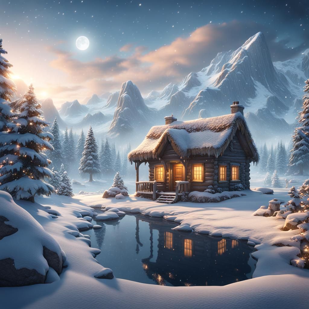 Christmas Cabin in Snowy Landscape: Detailed Matte Painting