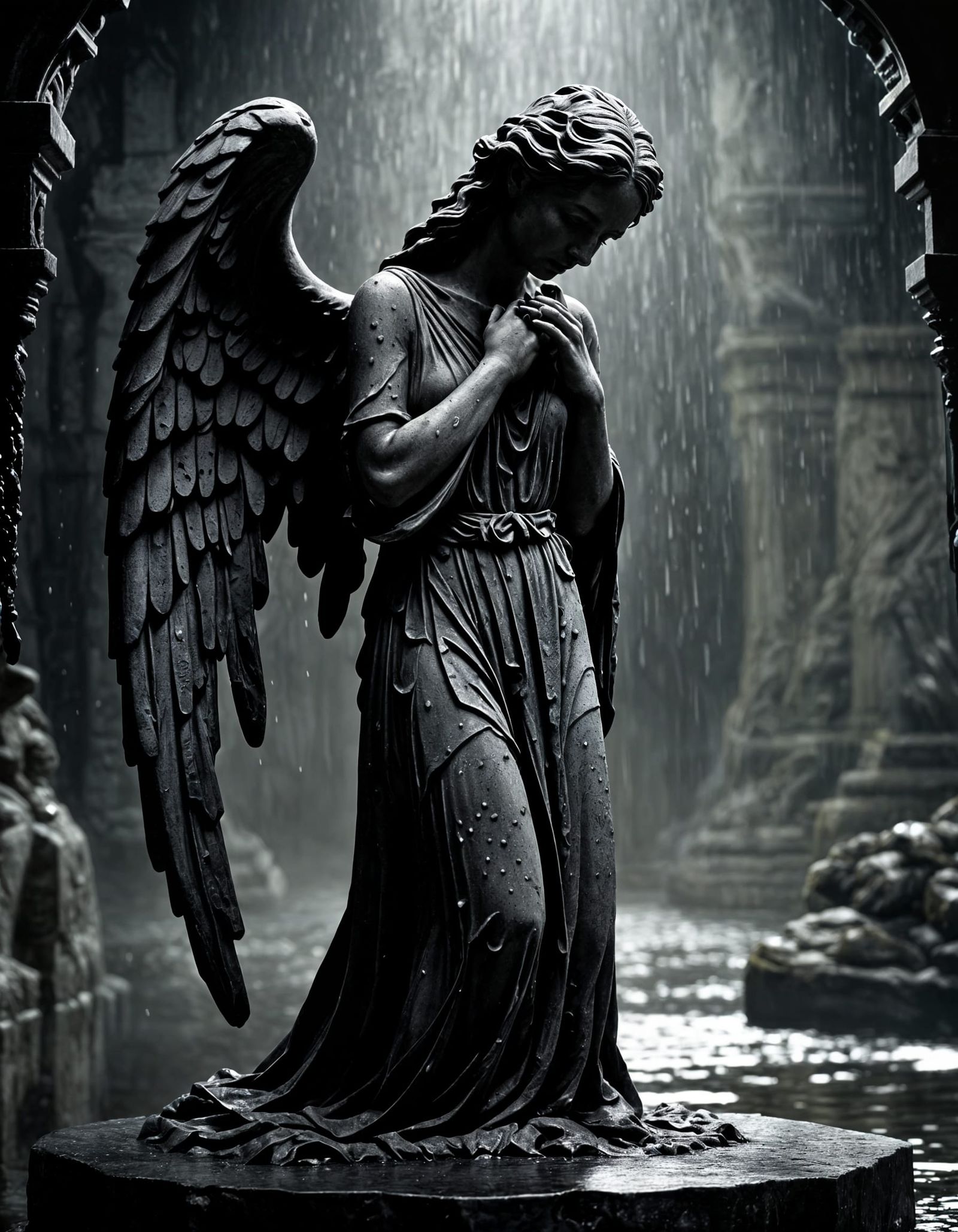 Gothic Weeping Angel Sculpture in Ethereal Light