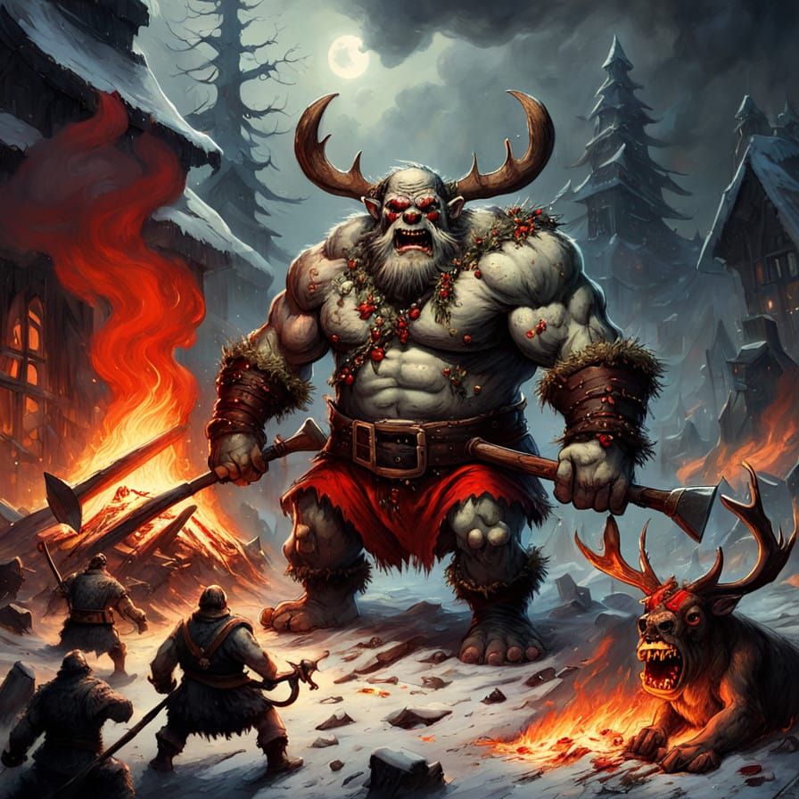 Surreal Ogre Santa Wields Battle Axe amidst Burning Skulls a...