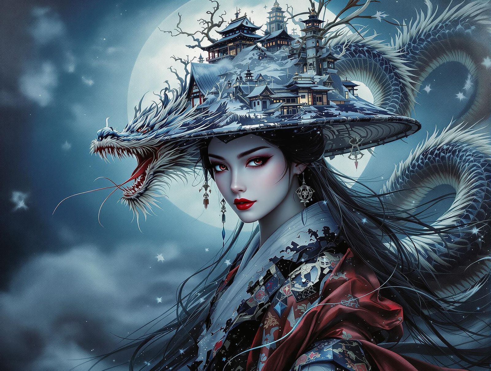 Geisha Portrait with Dragon Hat in Moonlight