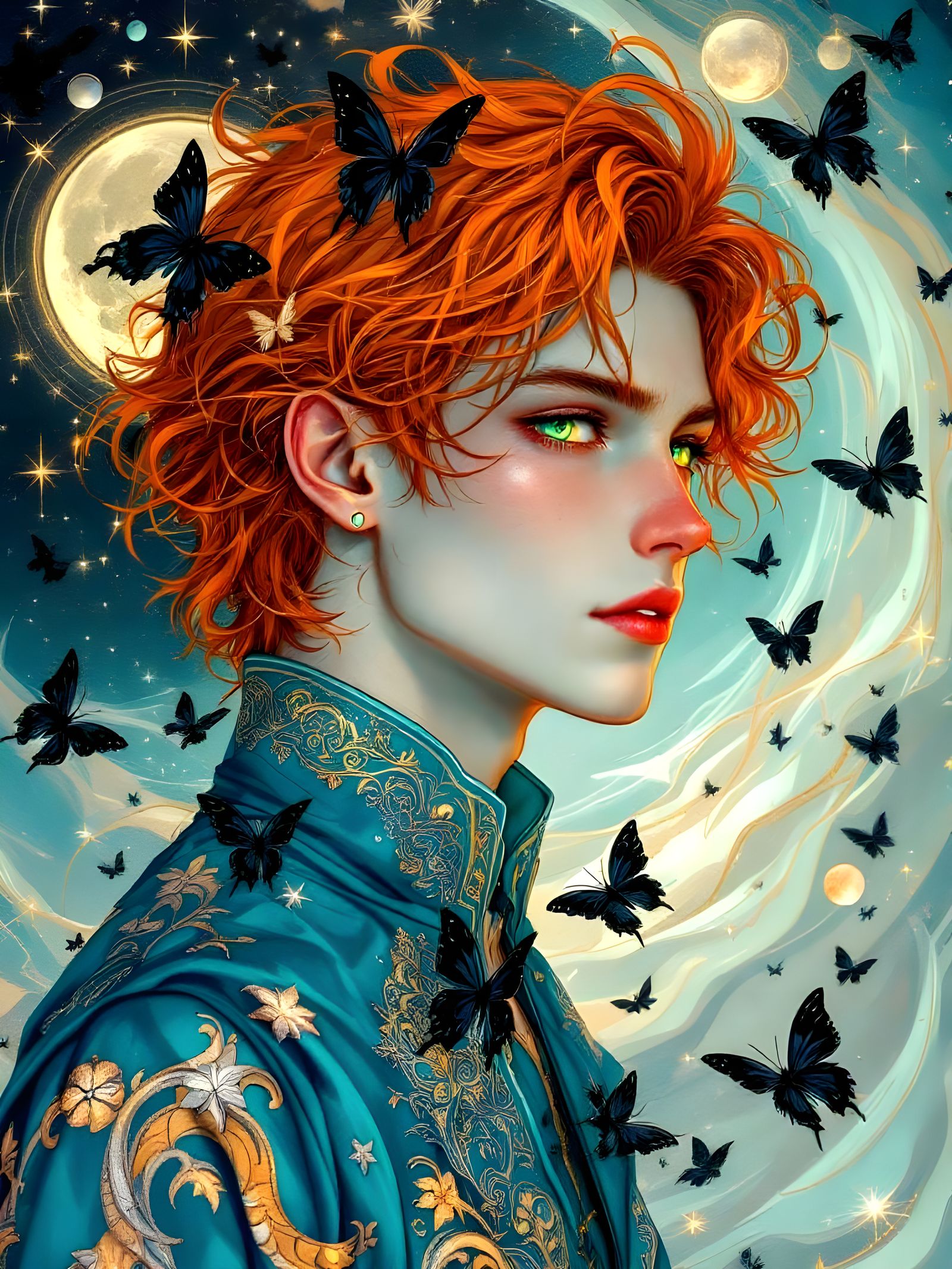 Melancholic Anime Man with Celestial Butterflies