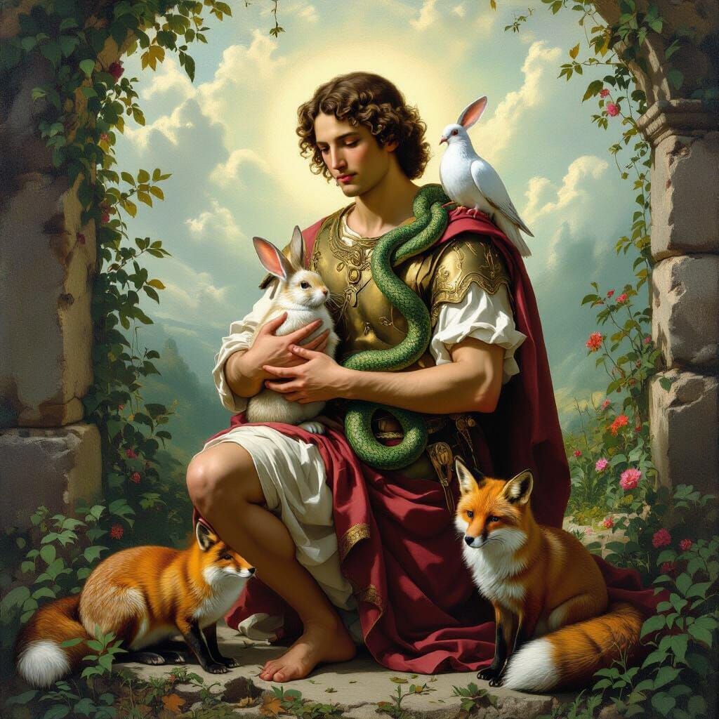 St Sebastianne with Animals in Ethereal Ruins