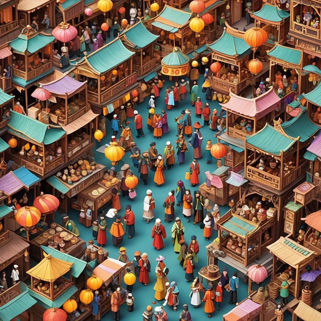 Vibrant Kirigami Fantasy Market Scene