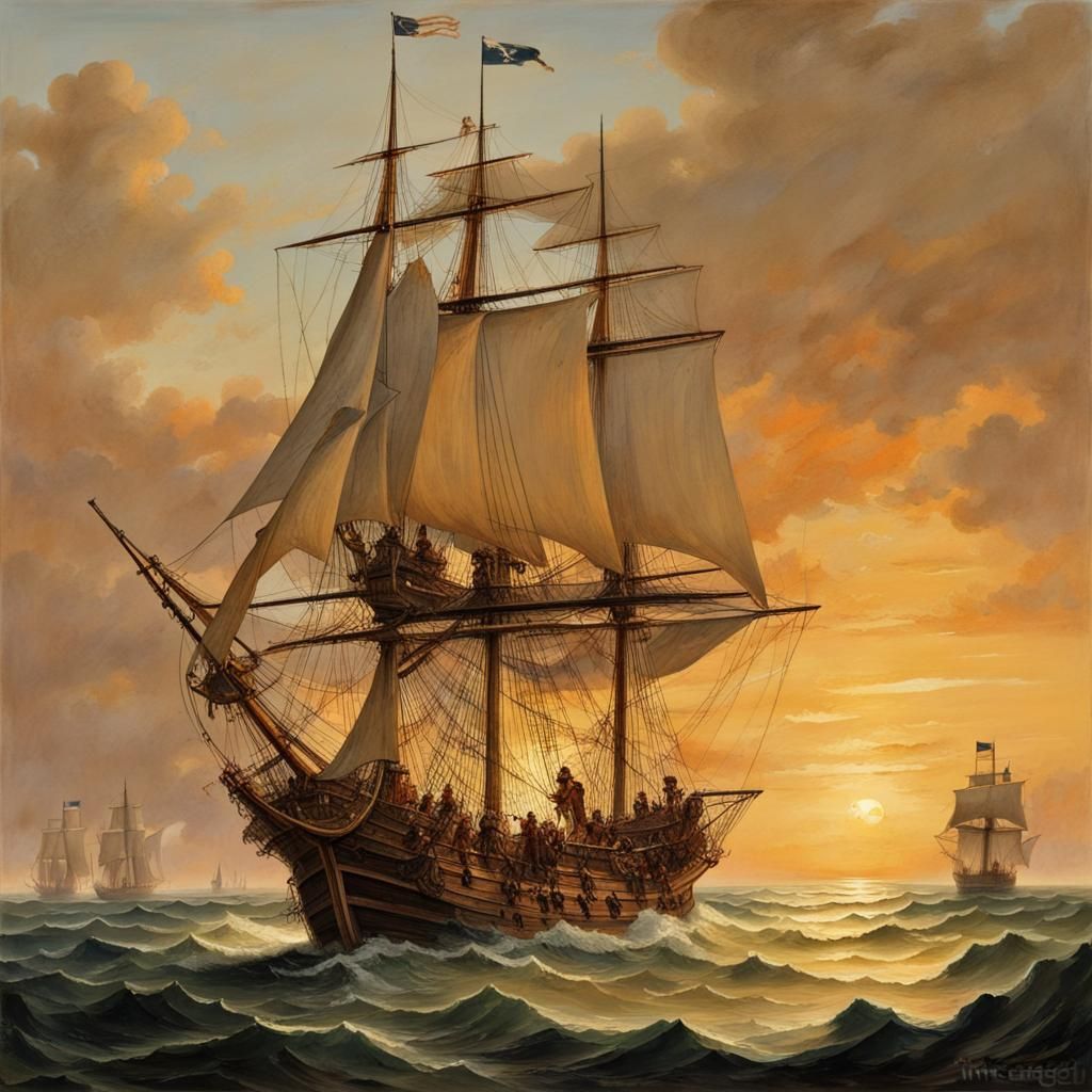 Pirate Ship Approaches Pacific Colony at Sunset