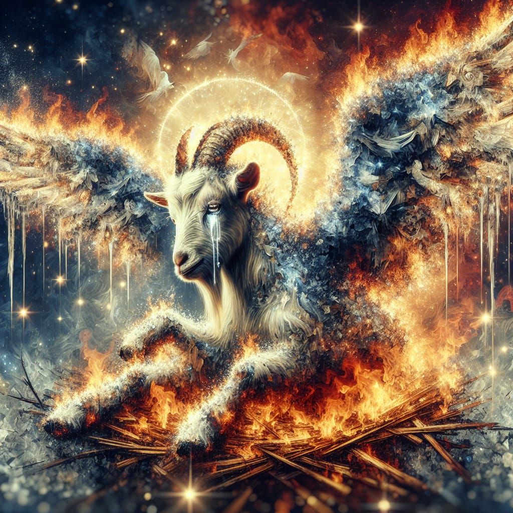 Fallen Goat Angel Amidst Ashes in Double Exposure