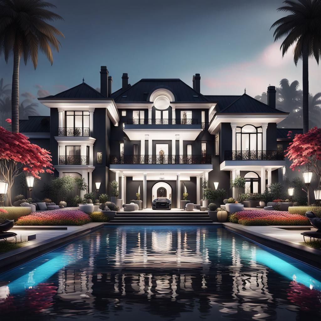 Hyperrealistic Black and White Mansion with Mega Pool